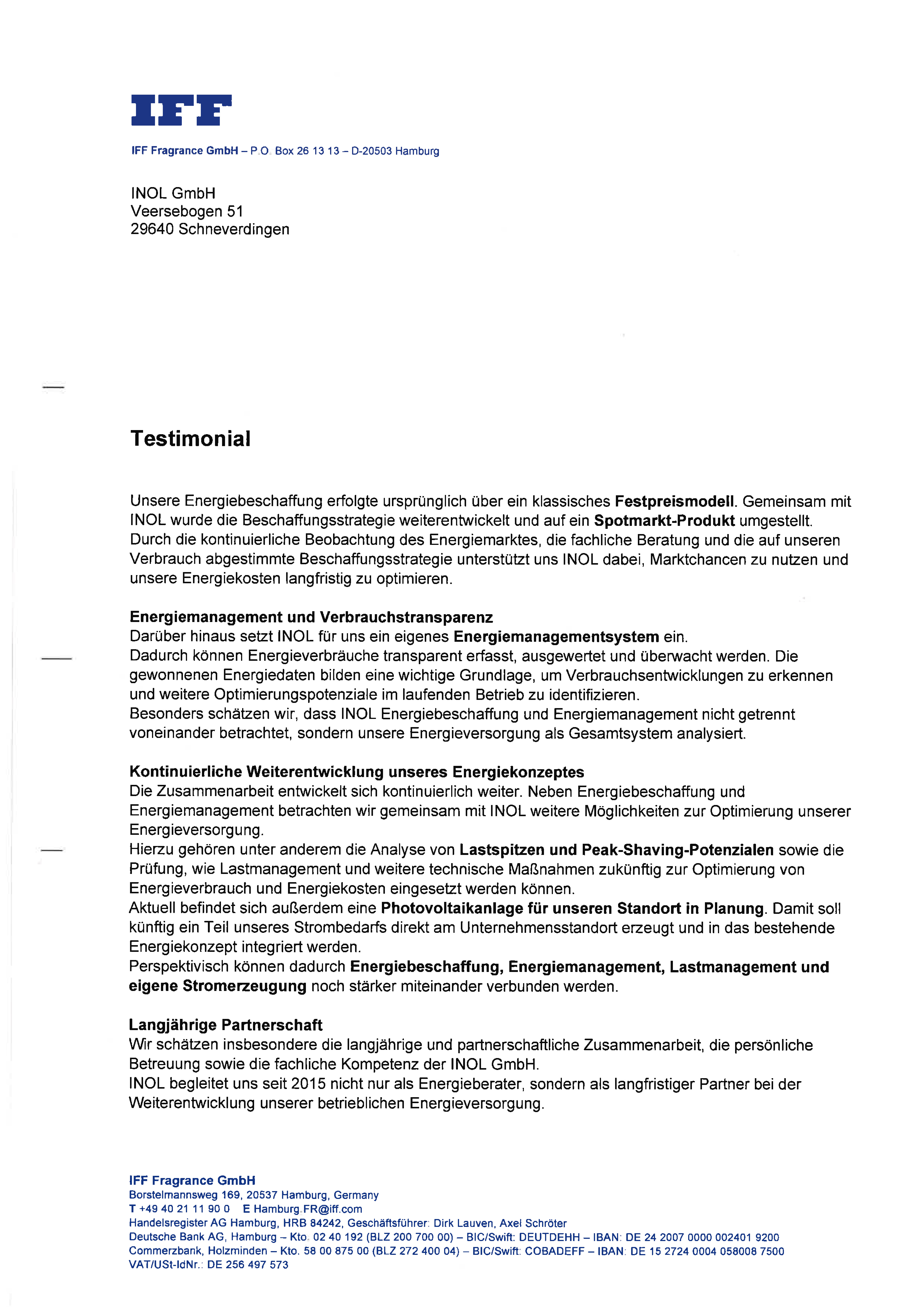 Scan der Referenz der IFF Fragrance GmbH Seite 1